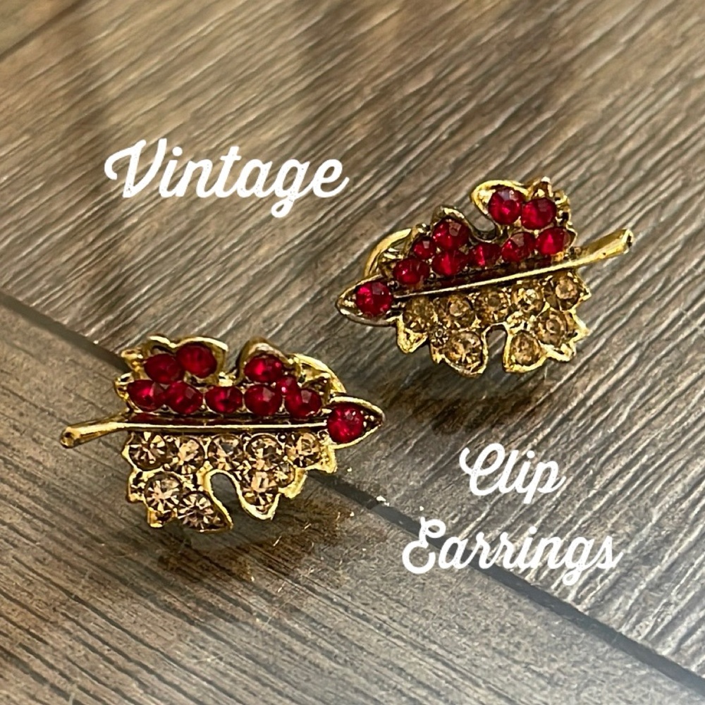 Vintage Red & Champagne Rhinestone Leaf Clip Earrings